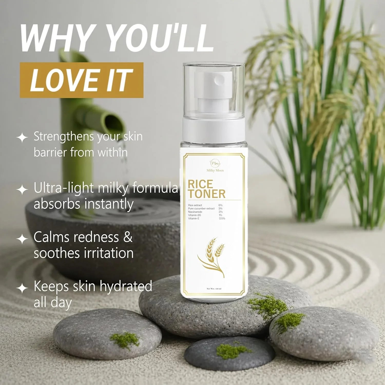 Rice water Toner with Niacinamide 3%, Rice Extract 6% & Vitamin-B5, Vitamin E 100ml
