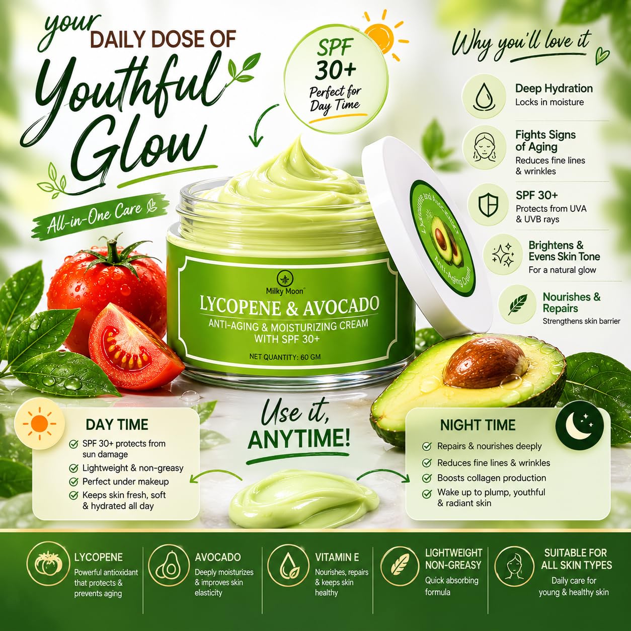 Lycopene & Avocado Anti-Aging & Moisturizing Cream with SPF 30 for Rejuvinita, Pigmentation, Dark Spots & Dark Circles For Men & Women 50gm Day and Night Creamc
