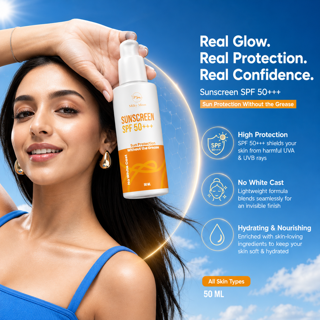 Sunscreen SPF 50+++, No White Cast, Broad-Spectrum UVA & UVB Protection, Hydrating & Nourishing, All Skin Types, 50 ml