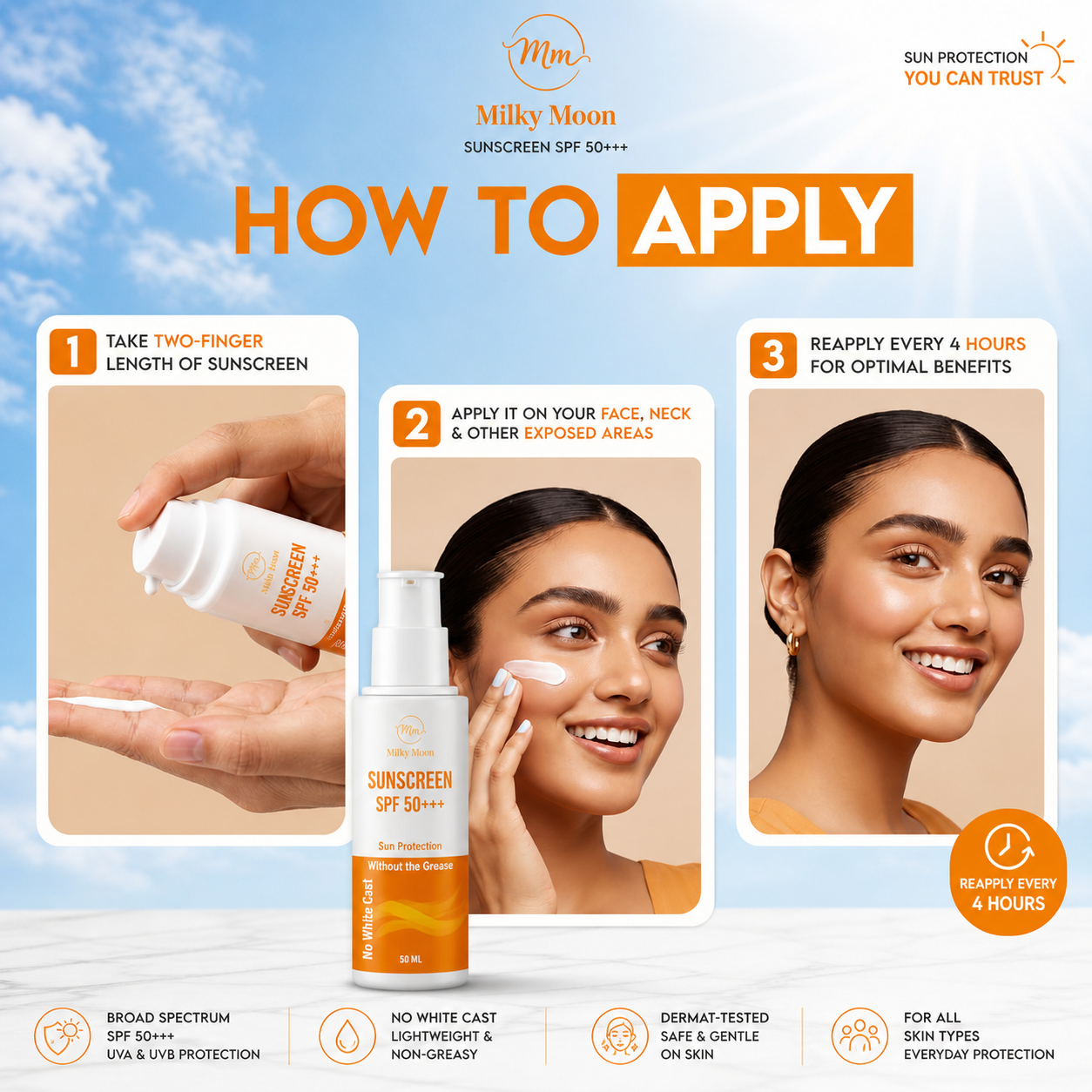 Sunscreen SPF 50+++, No White Cast, Broad-Spectrum UVA & UVB Protection, Hydrating & Nourishing, All Skin Types, 50 ml
