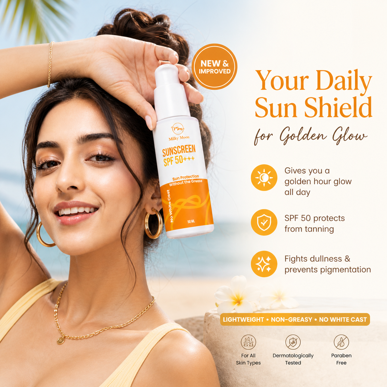 Sunscreen SPF 50+++, No White Cast, Broad-Spectrum UVA & UVB Protection, Hydrating & Nourishing, All Skin Types, 50 ml