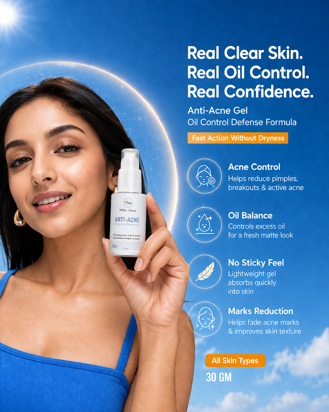 Anti-Acne Oil Control Defense Gel, Fast-Acting Formula, Fades Acne Marks, All Skin Types, 30 gm