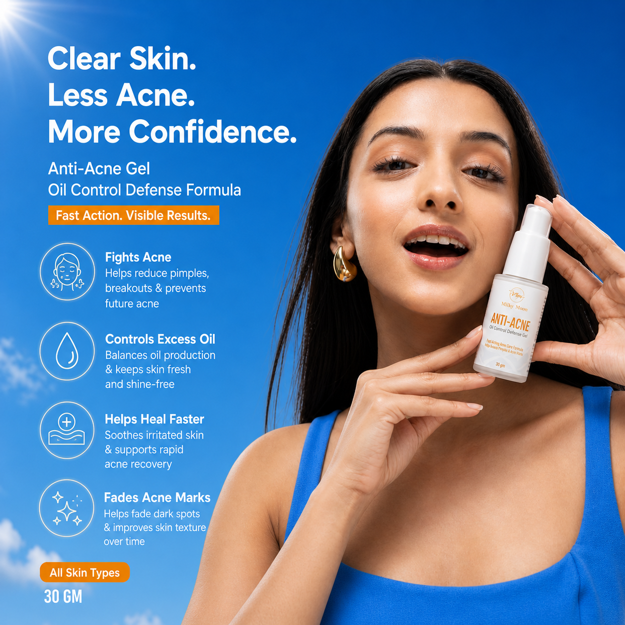 Anti-Acne Oil Control Defense Gel, Fast-Acting Formula, Fades Acne Marks, All Skin Types, 30 gm