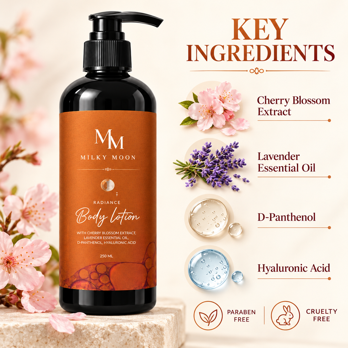 Milky Moon Radiance Body Lotion with Cherry Blossom Hyaluronic Acid 250ml