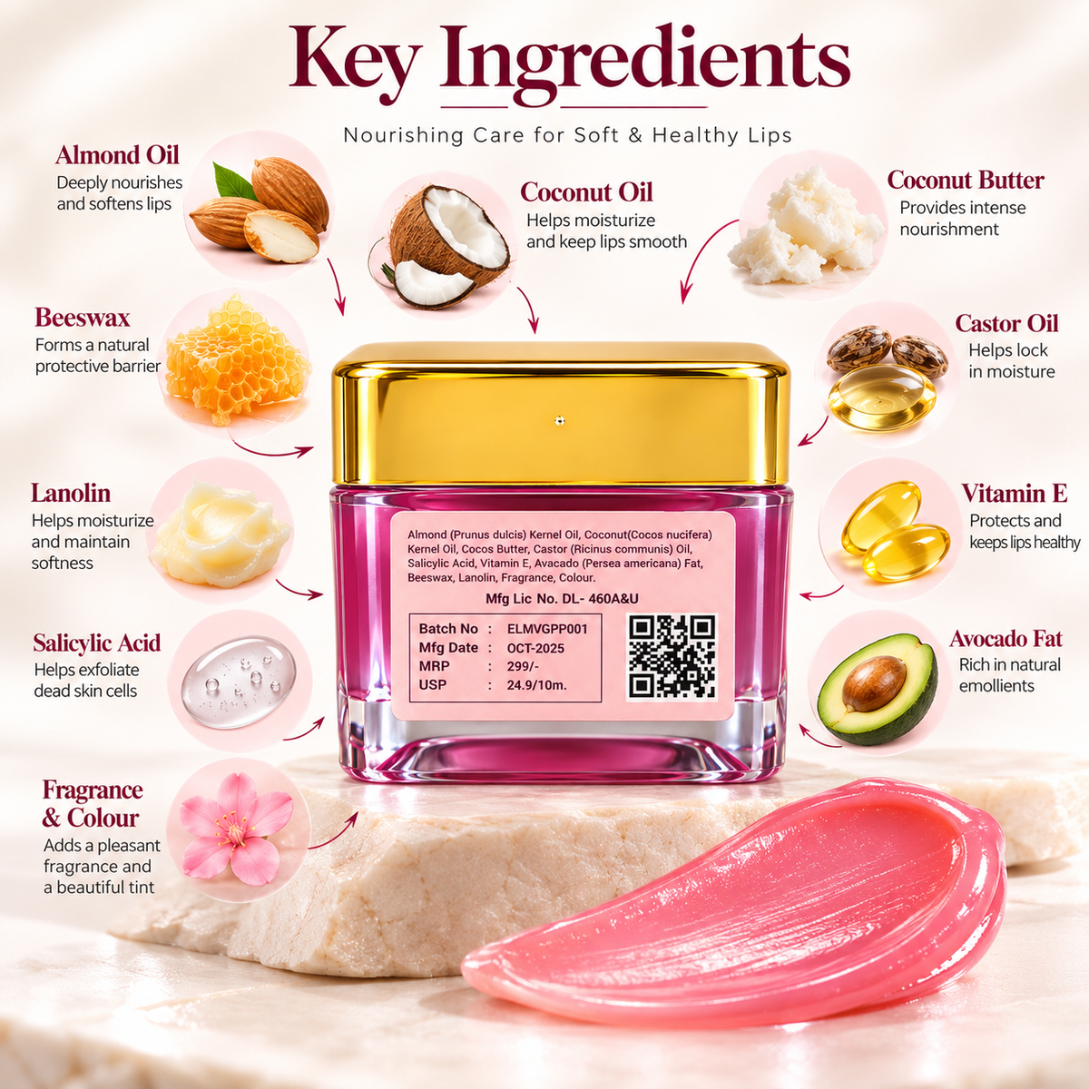 Lip Balm for Dry Chapped Lips with Almond Oil Vitamin E 12g